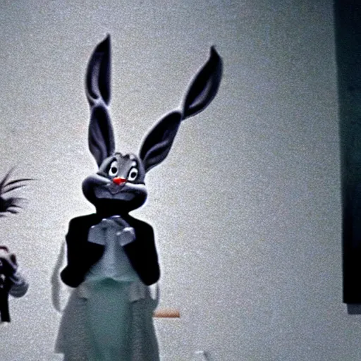 Image similar to Film still photograph of Bugs Bunny (creepy hyper-realistic surreal horror) in Twin Peaks (1990)