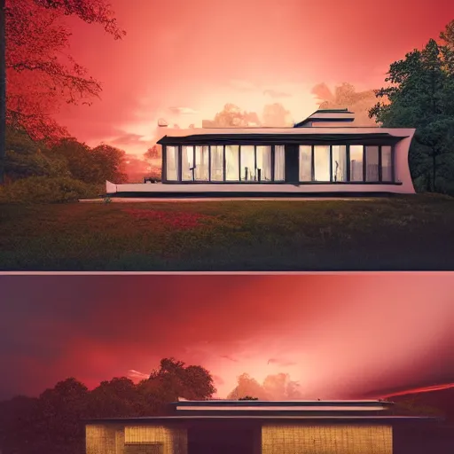 Prompt: modernist house inspired by a tibetan palace between big trees, red clouds, dramatic lighting, artstation, matte painting, raphael lacoste, simon stalenhag, frank lloyd wright, zaha hadid