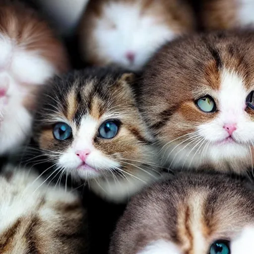 Prompt: photo of cute round puffballs that look like cats, floating above a crying man