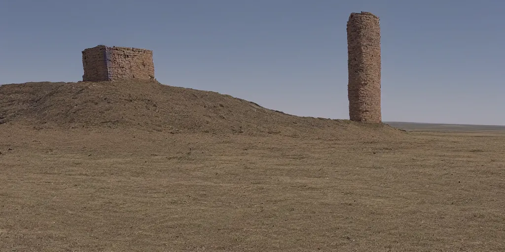 Prompt: a great unknowable tower piercing the ground in a small town on the eurasian steppe