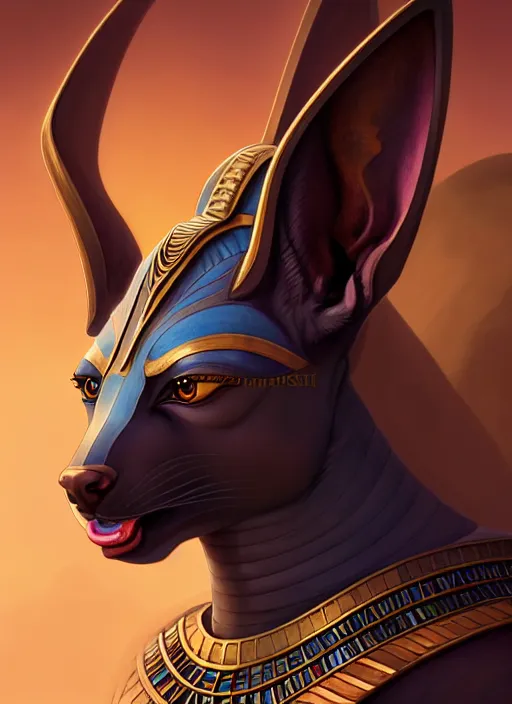 Prompt: close up portrait of anubis egyptian symbolism, jackal god by artgerm, cushart krenz, greg rutkowski, mucha. art nouveau. gloomhaven, swirly vibrant ripples, gaudy colors, sharp edges. ultra clear detailed. 8 k. elegant, intricate, octane render