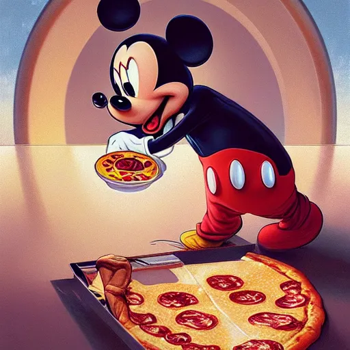 Prompt: portrait of Mickey mouse opening his mouth to eat pizza, highly detailed, digital painting, artstation, concept art, sharp focus, illustration, art by artgerm and greg rutkowski and alphonse mucha