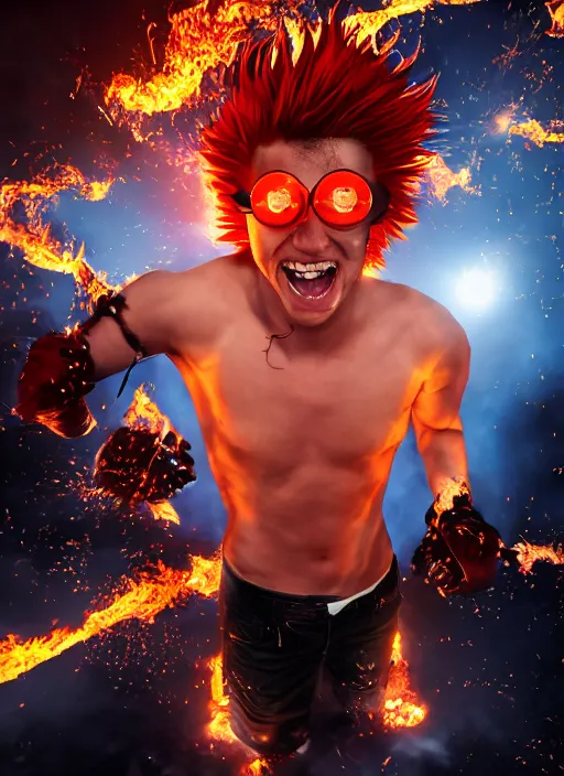 Image similar to photorealistic young man with red spiked long hair, using an orange lens googles. Wearing white shirt, a black waistcoat, brown pants and black boots. He is throwing a wild fire blast from his hands, with a vicious smile in face. He is in a scorched land with a blue sky. dynamic lightning.