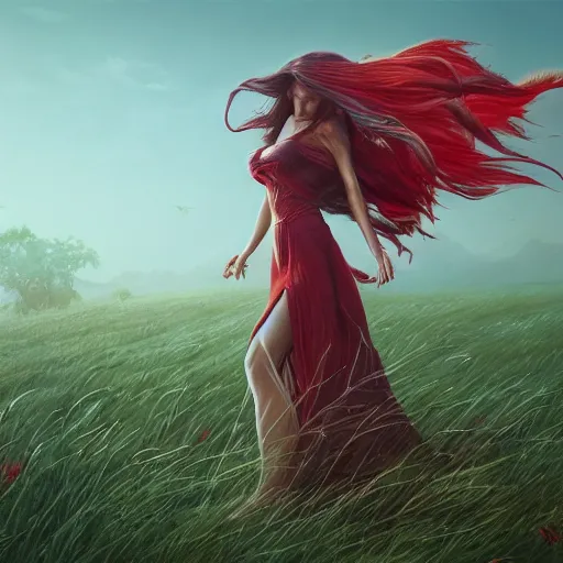 Image similar to a woman with long hair and with red long dress balancing with wind on a lawn, with weeds and some trees, highly detailed, illustration, fantasy art, in the style of greg rutkowski, epic, fantasy, intricate, hyper detailed, artstation, concept art, smooth, sharp focus, ray tracing