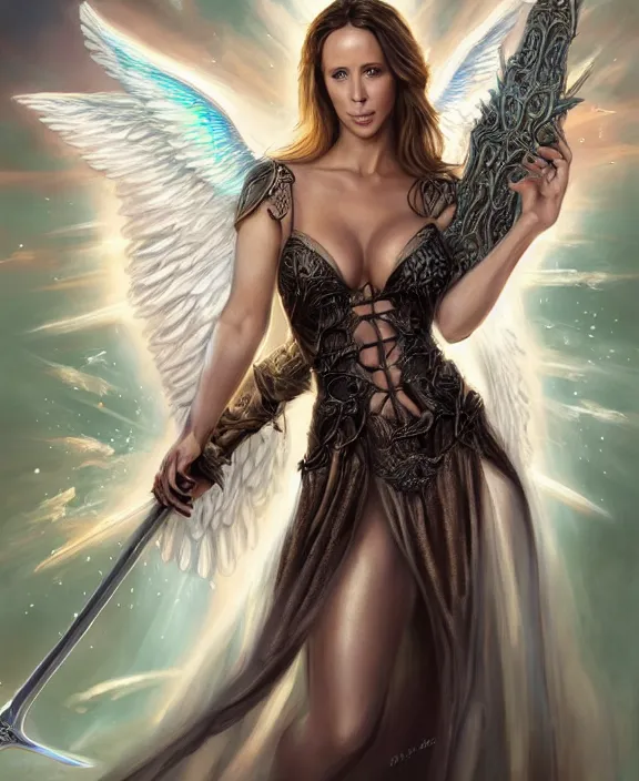 Image similar to full body design of jennifer love hewitt a pretty female angel holding a sword with both hands while flying, body covered in religious tattoos glowing, white iridescent angel wings opened, d & d, fantasy, highly detailed, digital art, trending on artstation, smooth, sharp focus, illustration, art by peter tang and artgem