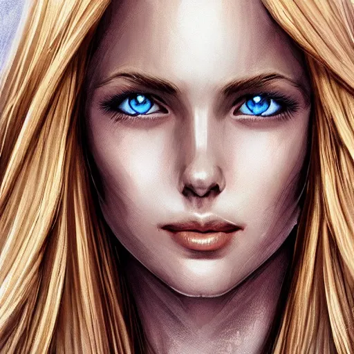 Prompt: portrait, 30 years old women :: fantasy :: blue eyes, long straight blonde hair :: attractive, symmetric face, friendly, smiling :: brown medieval cloting, natural materials :: high detail, digital art, RPG, concept art, illustration