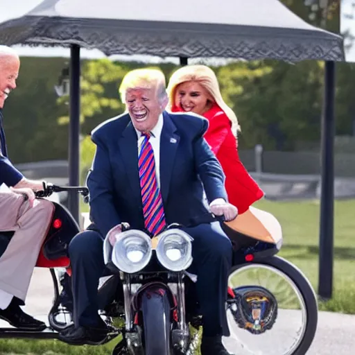 Image similar to joe biden and donald trump drunkenly riding two seater bike together, laughing and joking, photorealistic, detailed