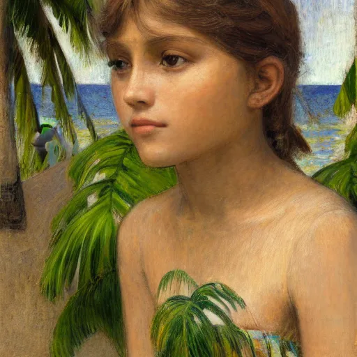 Prompt: a ultradetailed beautiful painting of a girl in the amazonas palace balustrade designed by jules bastien - lepage, tarsila do amaral, frank weston and gustave baumann, beach, trending on artstation, mediterranean, palm trees, detailed face, sharp focus, soft light, 8 k 4 k