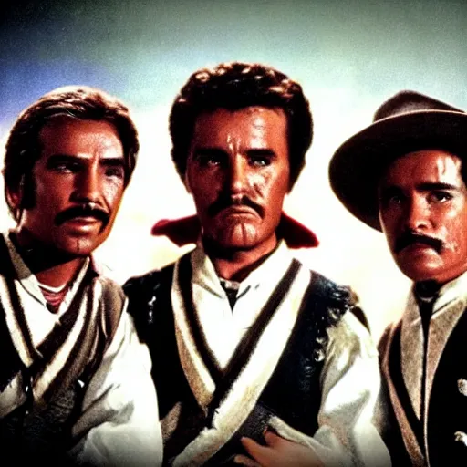 Image similar to the three amigos hire a fourth amigo, high detailed, cinematic, photorealistic, movie still,