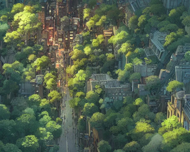 Image similar to a wholesome animation key shot of an overgrown New York covered in nature, overhead shot, wide shot, architecture, studio Ghibli, Pixar and Disney animation, sharp, very detailed, high resolution, inspired by Hayao Miyazaki, anime key art by Greg Rutkowski, Bloom, dramatic lighting