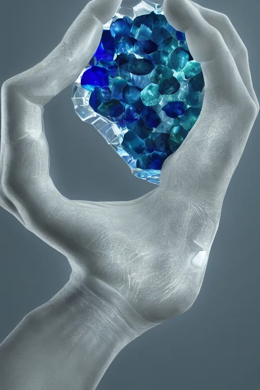 Image similar to very beautiful crystal and geode, shaped like a hand, refraction, cinematic color grading, hyperrealism, elegant, detailed, octane render, 8 k