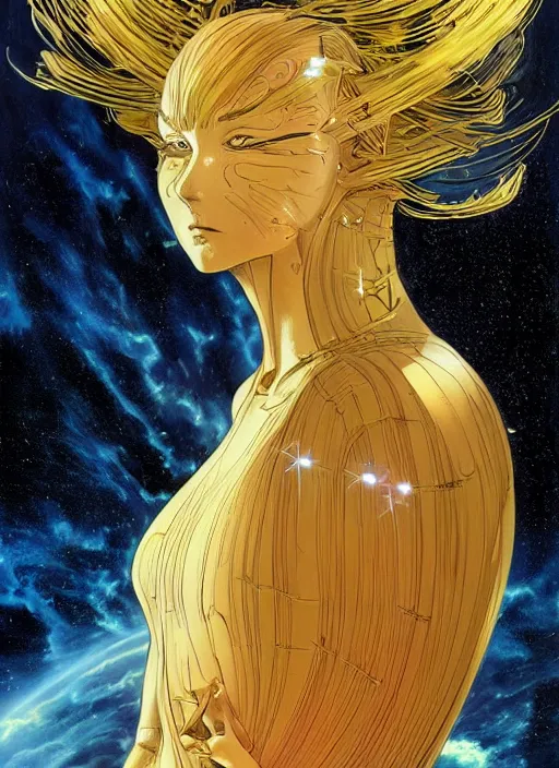 Prompt: a golden woman 2/3 figurative anime portrait, in space, head breaking apart and spiraling geometry into the sky upwards into another dimension, lazer light beaming down to top of her head, by moebius and Yoshitaka amano