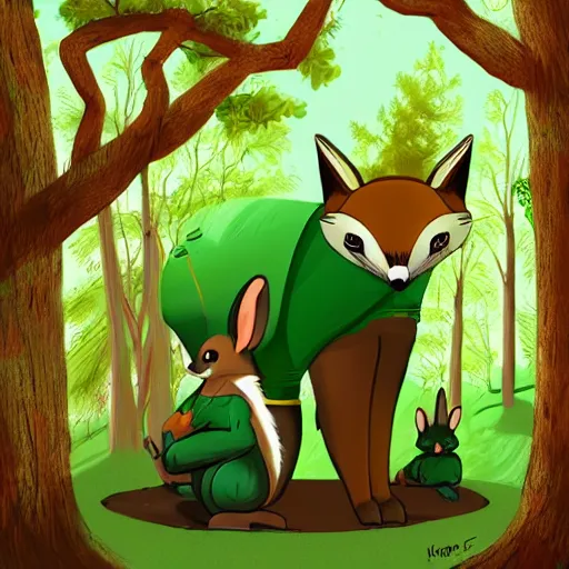 Image similar to 3 woodland critters, resistance, communist, bunny, mouse, fox, political meeting in the woods, antropomorphic, fantasy digital art, art station, green attire, art by kyle ferrin