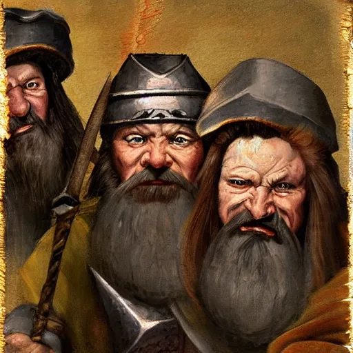 Image similar to Realistic, portrait, three Dwarf Brothers, jolly, dungeons and Dragons, medieval painting