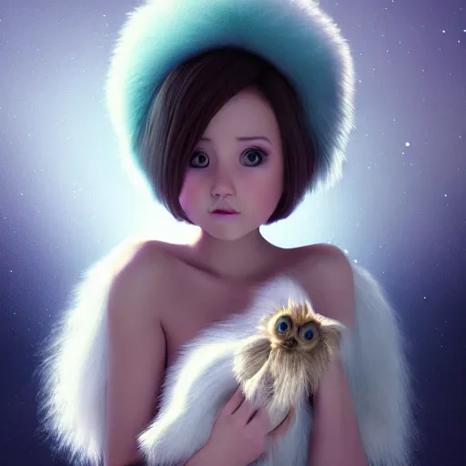 Image similar to a cute little angel monster with long fur, portrait, pixar style, heaven background, cinematic lighting, award winning creature portrait photography