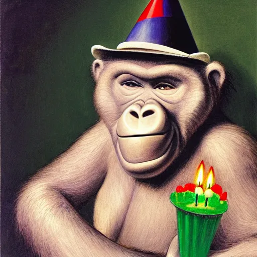 Prompt: closeup of a friendly happy oversized gorilla in a party hat, celebrating with birthday candles on a birthday cake, glowing with silver light, painting by franz marc, by jean - leon gerome, by winsor mccay, today's featured photograph, 1 6 k, character design, set design