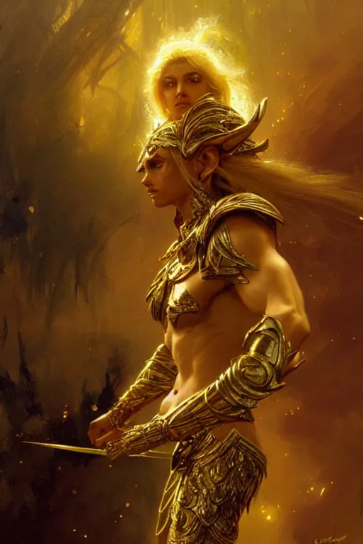 Image similar to a bronze - skinned elf of incredible beauty with luscious cropped golden hair decorated with strands of silver, eyes glowing with a brilliant white light, wearing a gold and green set of platemail armor, portrait dnd, painting by gaston bussiere, craig mullins, greg rutkowski, yoji shinkawa