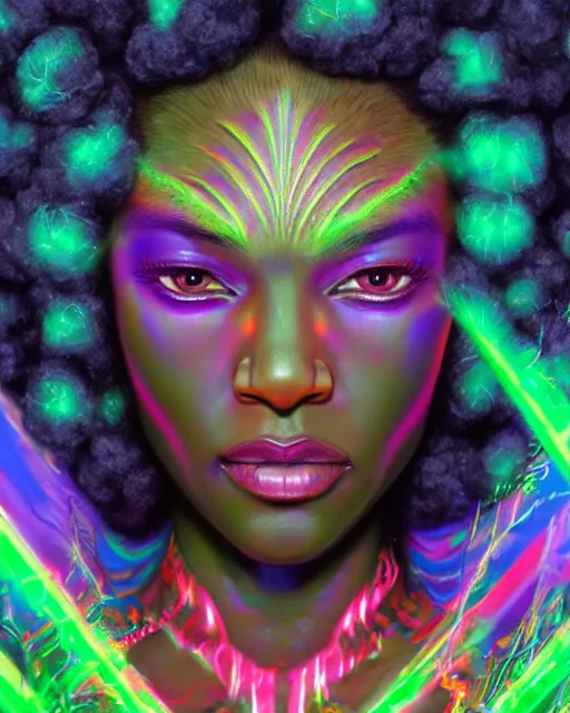 Prompt: a powerful energy psychedelic matrix afro american woman, by alexander fedosav, hyper detailed digital matte painting, concept art, hyperrealism, 1 6 k resolution, cinema 4 d, 8 k resolution, trending on artstation, behance hd, a masterpiece, by stephan martiniere, particles, cel - shaded, power bright neon energy, by david a. hardy