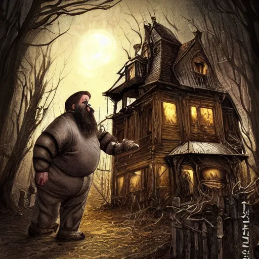 Image similar to a fat man with brown hair and beard in ghost hunting outfit and gear inside a haunted house, spooky, horror, gothic, scary, D&D, highly detailed, digital painting,