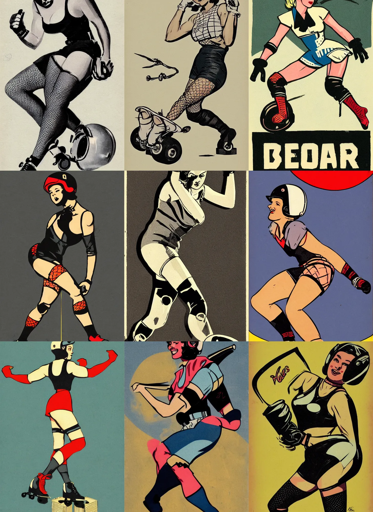 Image similar to 1950s logo of a roller derby girl doing Cross-Over, wearing skate helmet, knee pads, elbow pads, fishnet tights, showing off biceps, illustration by greg rutkowski and mcbess, 1950s