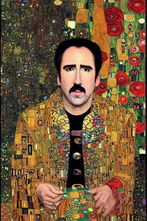 Image similar to Portrait of Nicolas Cage, beautiful art, painted by gustav klimt