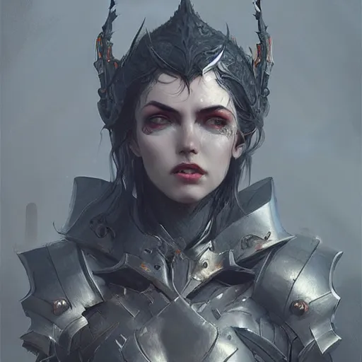 Image similar to trending on artstation, dhamphir, vampire, character design, concept art, style of greg rutkowski, face, plate armor, fantasy, highly detailed, digital art, female