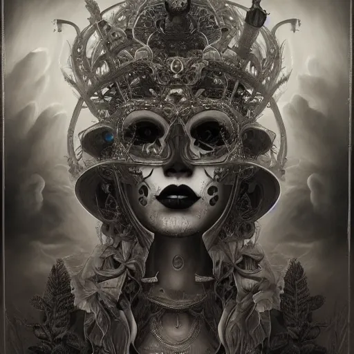 Image similar to ultra realist soft painting of a curiosities carnival by night, omnious sky, symmetry accurate features, very intricate details, By Tom Bagshaw, black and white, volumetric light clouds