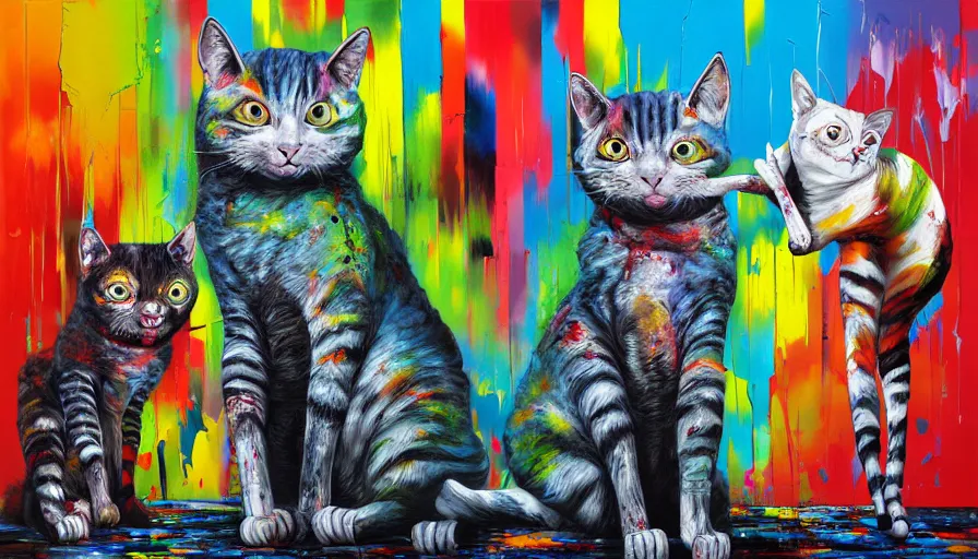 Prompt: contemporary semi abstract acrylic painting of really tall sitting damaged zombie cats by makoto shinkai, by eduardo kobra, kessler art, thick brush strokes and visible paint layers, multicolor color scheme