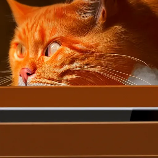 Prompt: an orange cat staring in a table drawer ~ on fire ~ fire ~ high - resolution photo ~