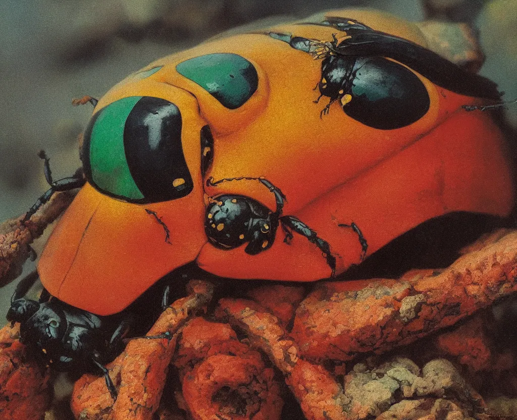 Prompt: a closeup of a beautiful colorful beetle coleoptera by gustave boulanger, frank frazetta. icelandic landscape. high quality award - winning national geographic by clemens ascher, paul barson.