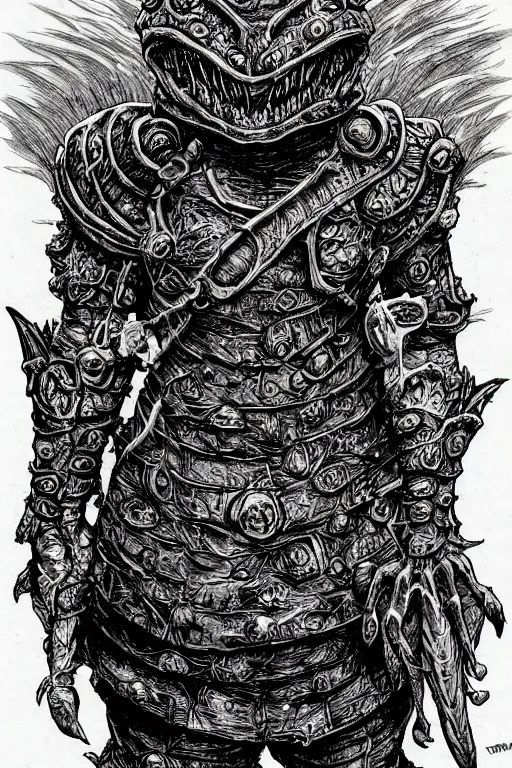 Image similar to toad goblin, wearing armour, swamp, symmetrical, highly detailed, digital art, sharp focus, trending on art station, kentaro miura manga art style