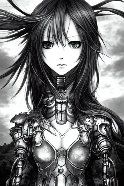 Image similar to a vertical portrait of a character in a scenic environment by Yoshitaka Amano, black and white, dreamy, cybernetic plate armor, wavy long black hair, highly detailed