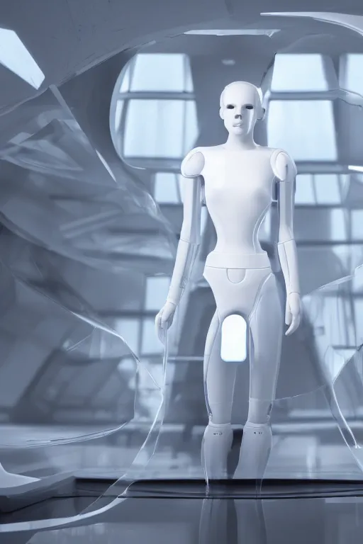 Prompt: a female android made out of translucent white glass with no eyes ears nose or mouth standing in front of a futuristic computer, photorealistic digital art, unreal engine, volumetric lighting