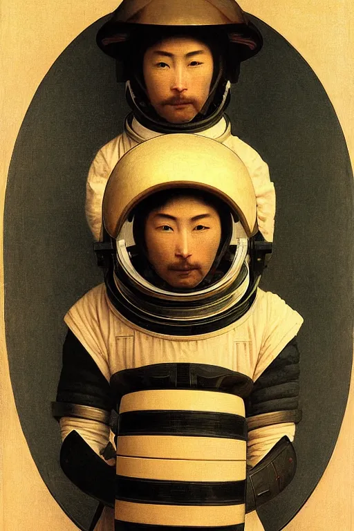 Image similar to portrait of a astronaut in samurai helmets, by bouguereau