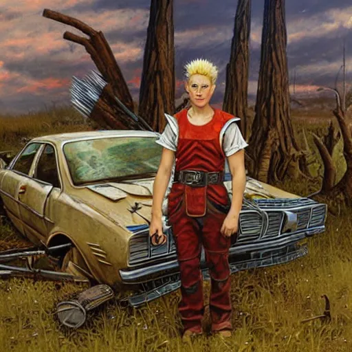 Image similar to an elf with spiky blonde hair wearing dark brown overalls and holding dynamite standing next to a destroyed car, painting by Gerald Brom