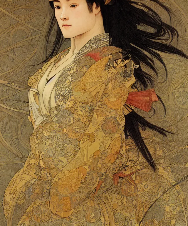 Image similar to realistic hyper detailed portrait of a samurai warrior by Alphonse Mucha and Charlie Bowater and art germ, rule of thirds, golden ratio, portrait style with the subject in the middle of the frame