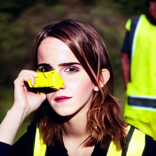 Prompt: photo, close up, emma watson in a hi vis vest, chewing tobacco, mouth full, portrait, kodak gold 2 0 0,