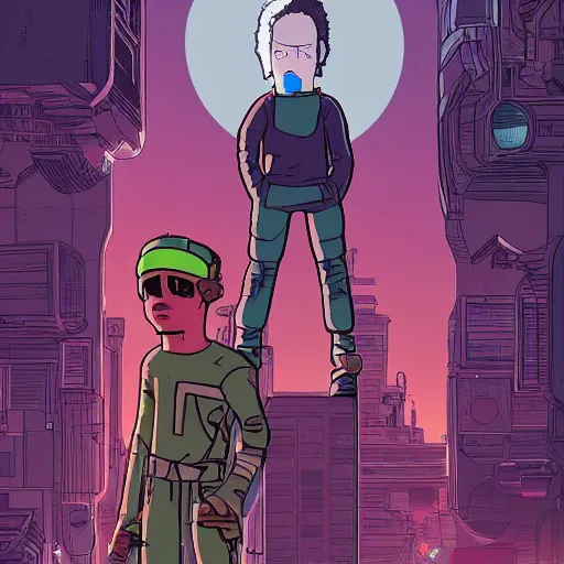 Image similar to in the style of max prentis and deathburger and laurie greasley a young mixed race male explorer wearing a cyberpunk headpiece who is standing on a giant robot head, highly detailed, 8k wallpaper, adventure time colour palette