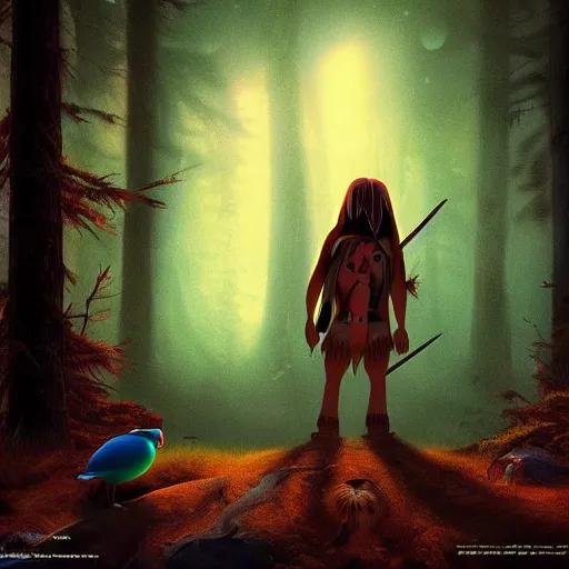 Image similar to medium shot native american with animal companion, in a dark forest, mysterious, backlit, still from a pixar dreamworks movie, trending on artstation