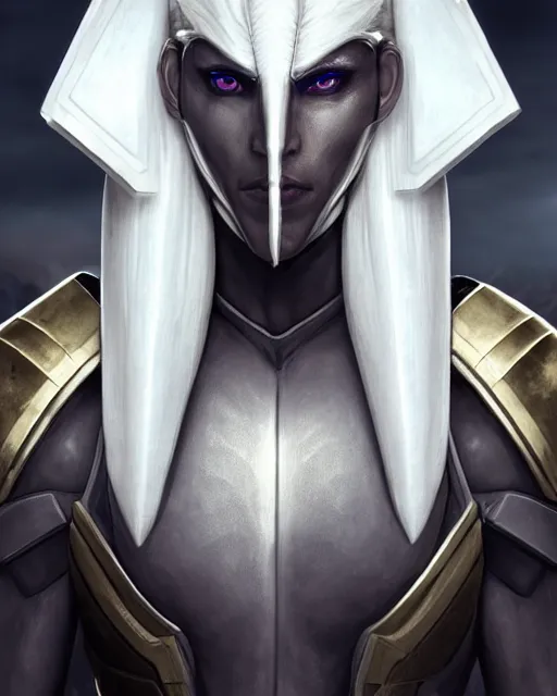 Image similar to perfect white haired egyptian male god, brute, warframe armor, beautiful, symmetric, dreamy, half african, black salamander eyes, charlize theron, detailed, scifi platform, laboratory, experiment, 4 k, ultra realistic, epic lighting, android body, illuminated, cinematic, masterpiece, art by akihito tsukushi, voidstar