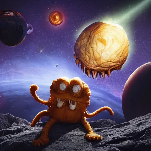 Image similar to eldritch horror bloody garfield in space, hd, 8 k, giant, epic, realistic photo, unreal engine, stars, prophecy, powerful, cinematic lighting, destroyed planet, debris, violent, sinister, ray tracing, dynamic, epic composition, dark, horrific, teeth, grotesque, monochrome drawing, hellscape