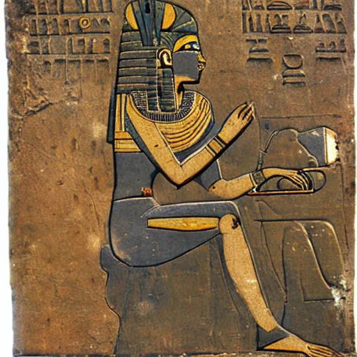 Prompt: a fragment of ancient egyptian hierographic panel Art, art of A person using a computer in art style of ancient art, fragmented, a person using a computer!!!!! Ancient Egypt art