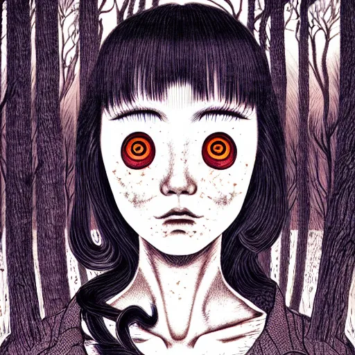 Prompt: in the style of junji ito, artgerm, audrey kawasaki, shinsui ito, transparent ghost screaming, in the woods, moody lighting