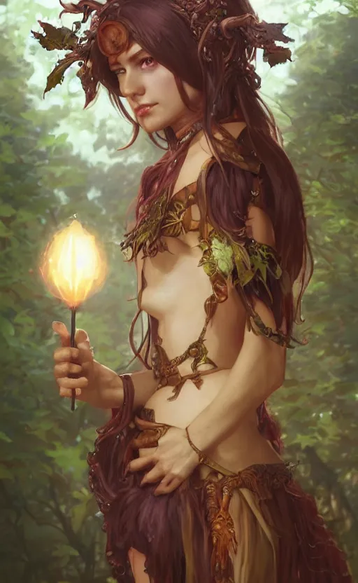 Prompt: innocent cute Tiefling Druid with long horns, colorful leaves on light leather armor, glowing tree staff, light-brown skin, highly detailed, digital painting, artstation, concept art, sharp focus, illustration, art by artgerm and greg rutkowski and alphonse mucha