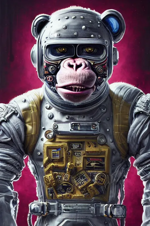 Image similar to a portrait of a muscular anthropomorphic cyberpunk monkey in spacesuit armor with ensignia on chest plate by sandra chevrier, by jon foster, detailed render, post - processing, extremely hyperdetailed, intricate, epic composition, cybernetics, 4 k realistic, cryengine, realistic shaded lighting, sharp focus, masterpiece, by enki bilal