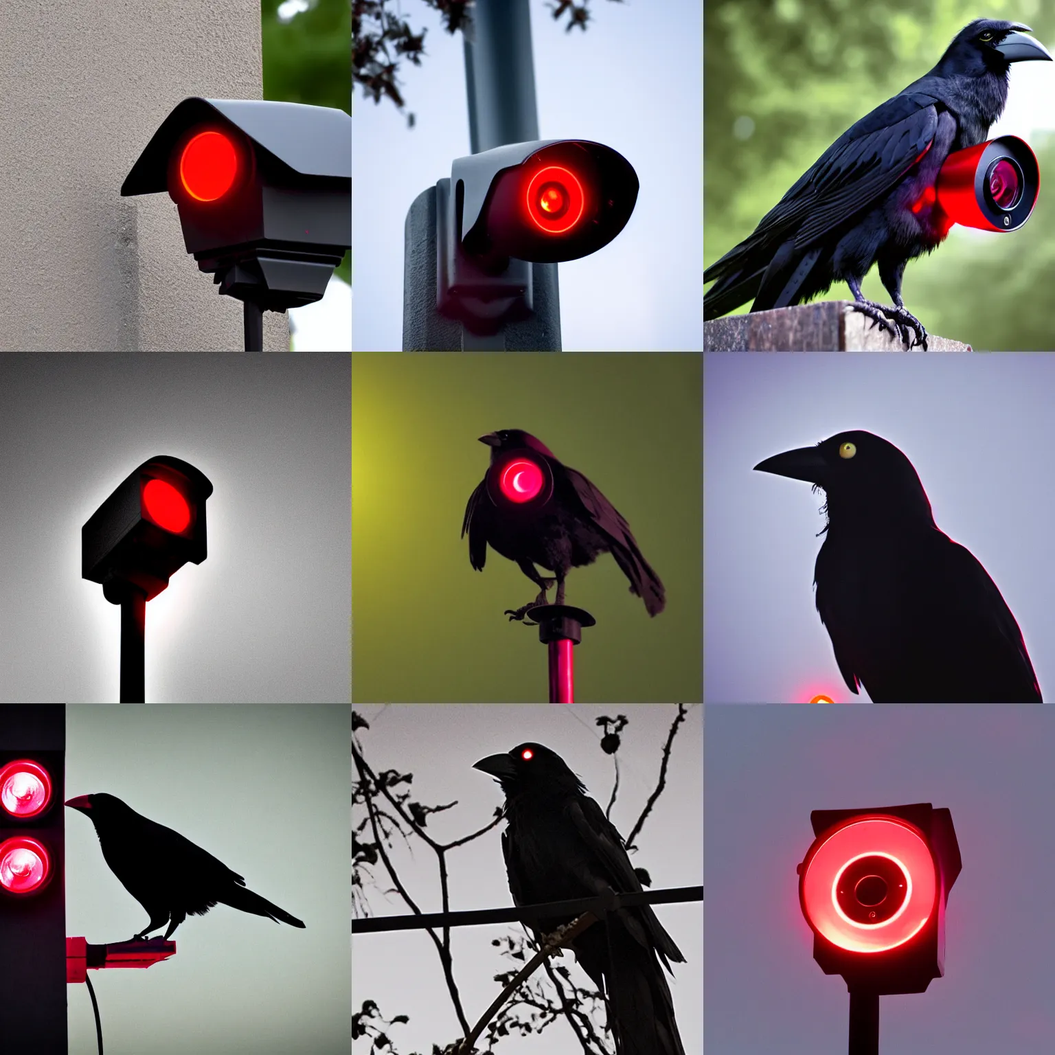 Prompt: ominous dark crow with glowing red surveillance camera for an eye