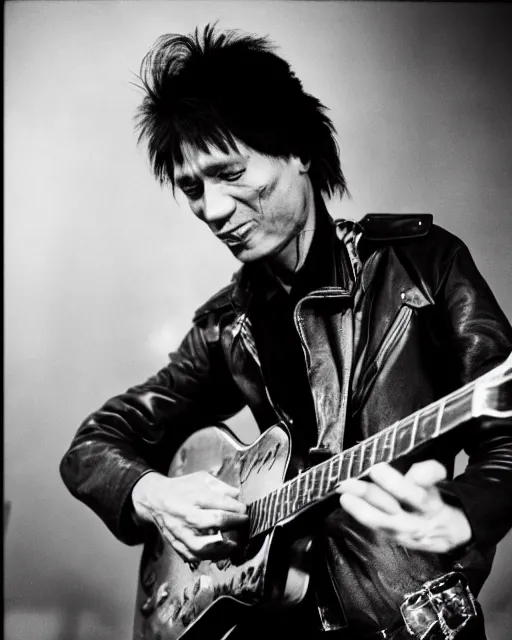 Image similar to sixty years old viktor tsoi with guitar in his hands, leather jacket, photo, microphone, rock concert, black and white, iso 6 0 0, 3 5 mm, kodak gold