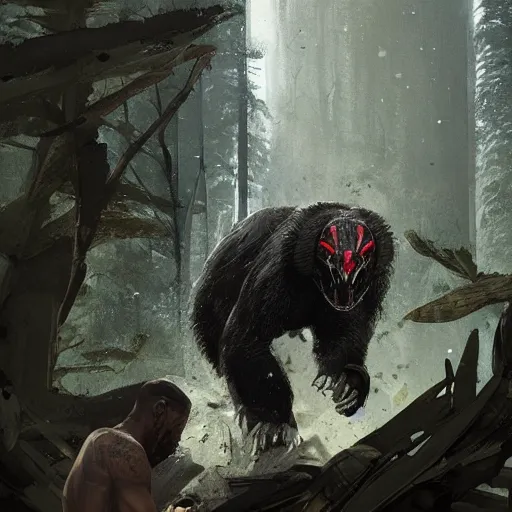 Prompt: An image of The predator from Prey Movie, attacking the bear, Greg Rutkowski, Ditigal Art, trendstation