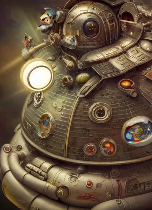 Image similar to highly detailed closeup portrait of a cute tin toy retro saucer spaceship, nicoletta ceccoli, mark ryden, lostfish, earl nore, hyung tae, frank frazetta, global illumination, god rays, detailed and intricate environment