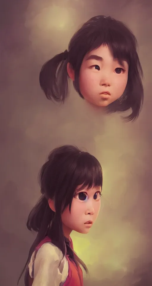 Prompt: a painting of cute Asian girl frowning, in the style of DreamWorks animation, low angle view, 16mm lens, award winning, mid-shot, hyper detailed, dramatic lighting, artstation, octane renderer, unreal engine